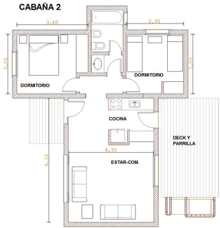 Croquis de la Unidad 2 de Cabañas Calinda